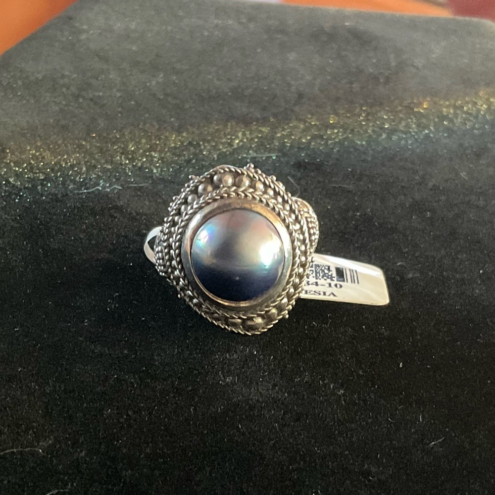 NEW SARDA Cultured Peacock Grey Mabe Pearl 925 Sterling Silver Solitaire Ring